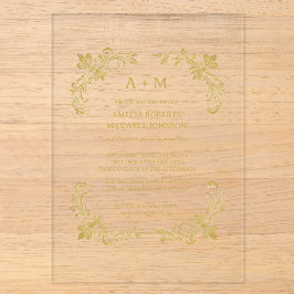 Golden Floral Minimalistischer Hochzeitsempfang Acryleinladungen