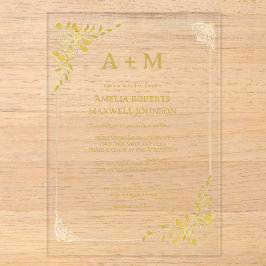 Golden Floral Minimalistischer Hochzeitsempfang Acryleinladungen
