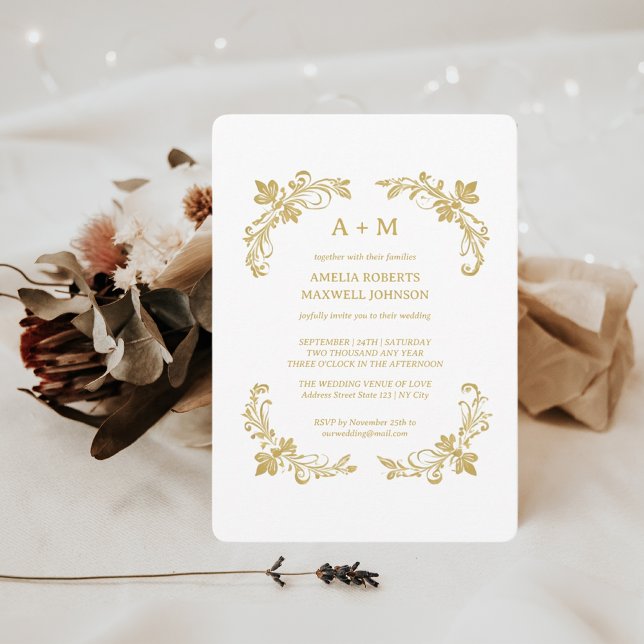 Golden Floral Minimalistischer Hochzeitsempfang Einladung (Von Creator hochgeladen)