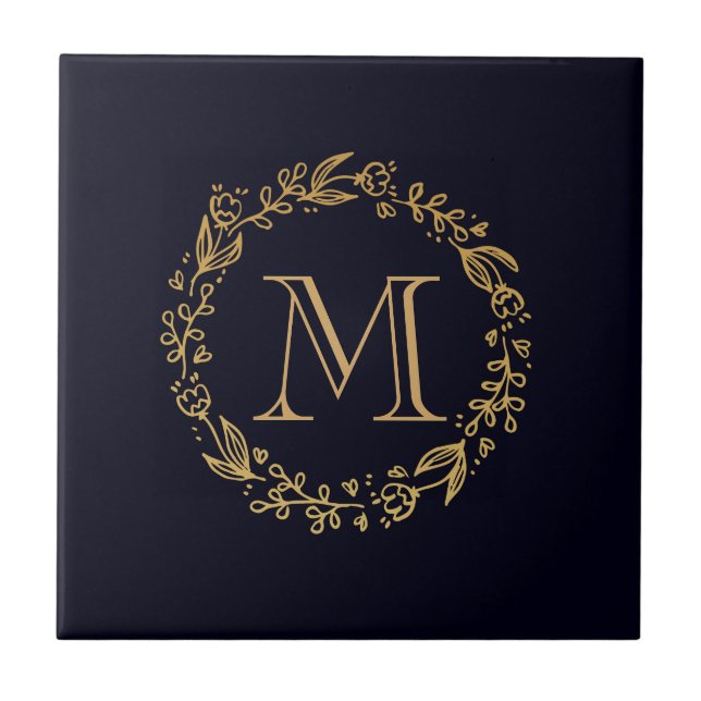 Golden Floral Monogram Fliese (Vorderseite)