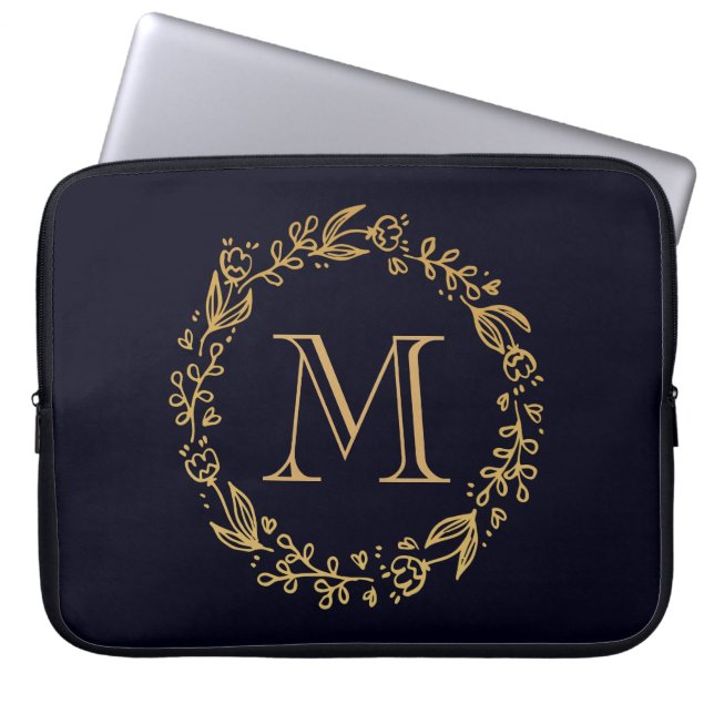 Golden Floral Monogram Laptopschutzhülle (Vorderseite)