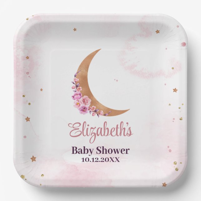 Golden Floral Moon Babydusche Pappteller (Vorderseite)