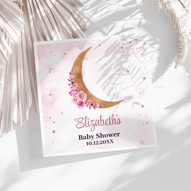 Golden Floral Moon Babydusche Serviette (Golden Floral Moon Baby Shower Napkins on a sunny white table.)