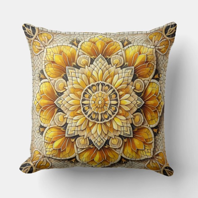 Golden Floral Mosaik: Luxuriöse Dekorative Kunst Kissen (Vorderseite)
