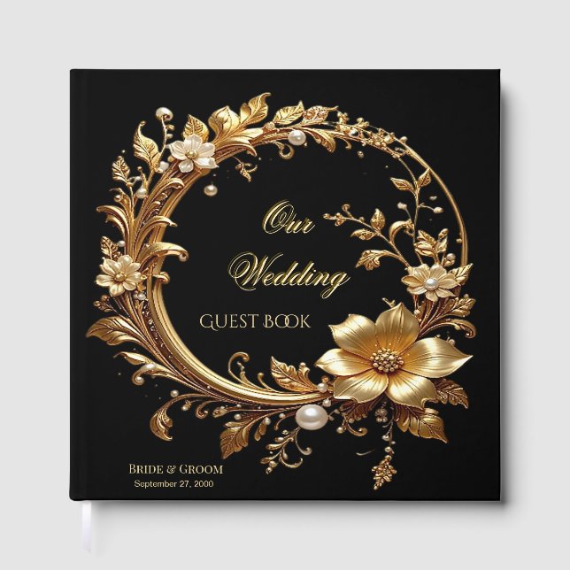 Golden Floral Ornate Frame Guest Book Gästebuch (Vorderseite)