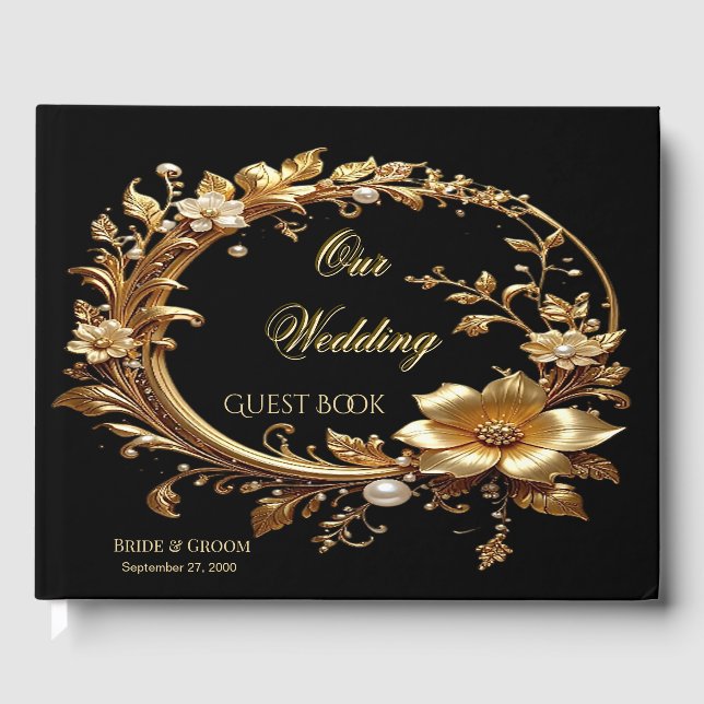 Golden Floral Ornate Frame Guest Book Gästebuch (Vorderseite)