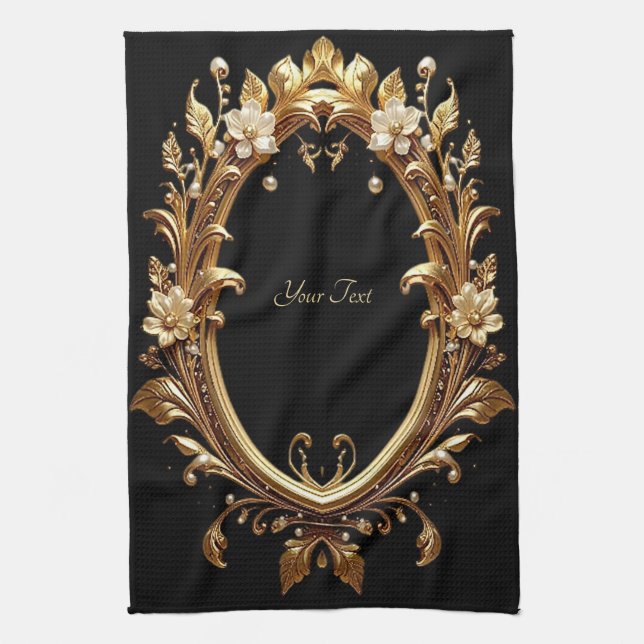 Golden Floral Ornate Frame Kitchen Towel Geschirrtuch (Vertikal)