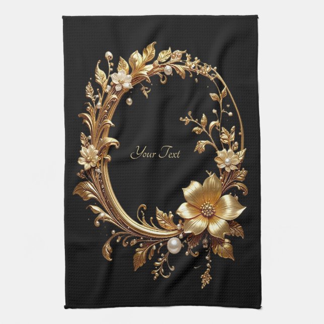 Golden Floral Ornate Frame Kitchen Towel Geschirrtuch (Vertikal)