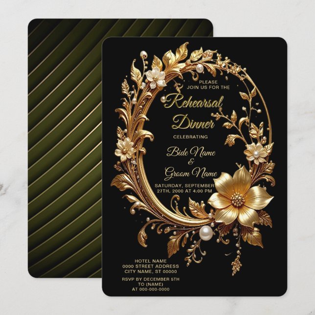 Golden Floral Ornate Frame Rehearsal Dinner Einladung (Vorne/Hinten)