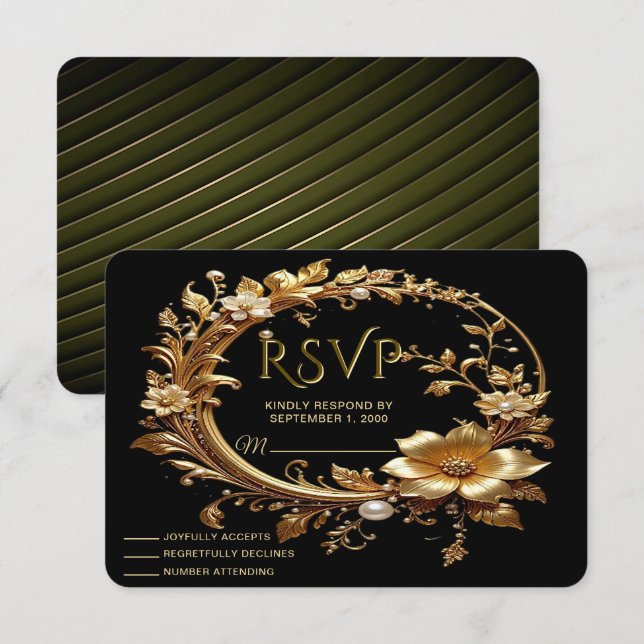 Golden Floral Ornate Frame RSVP Card Karte (Vorne/Hinten)