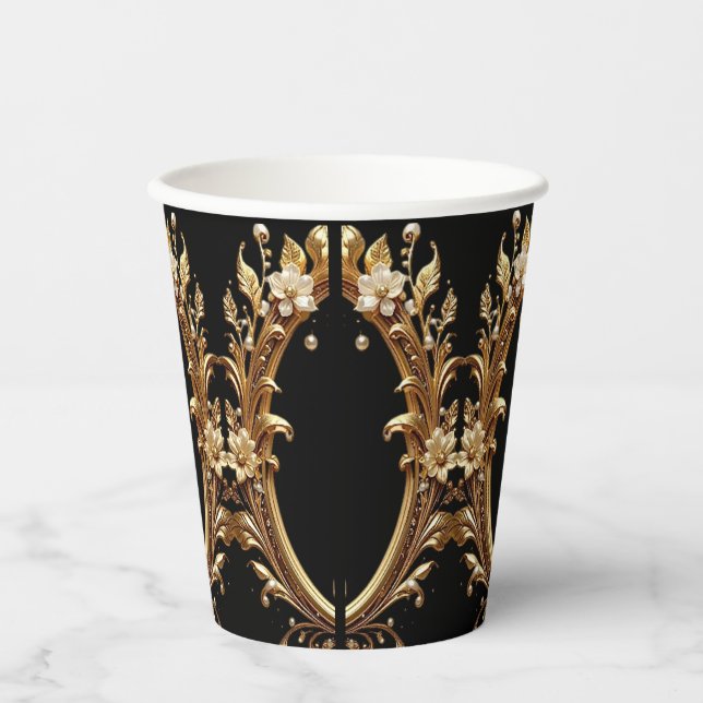 Golden Floral Ornate Paper Cups Pappbecher (Vorderseite)