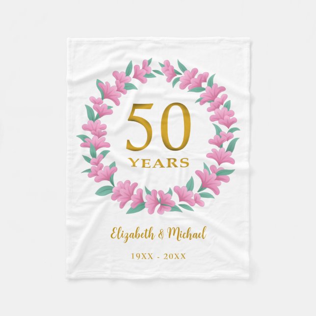 Golden Floral Pink Kraut zum 50. Jubiläum Fleecedecke (Vorderseite)