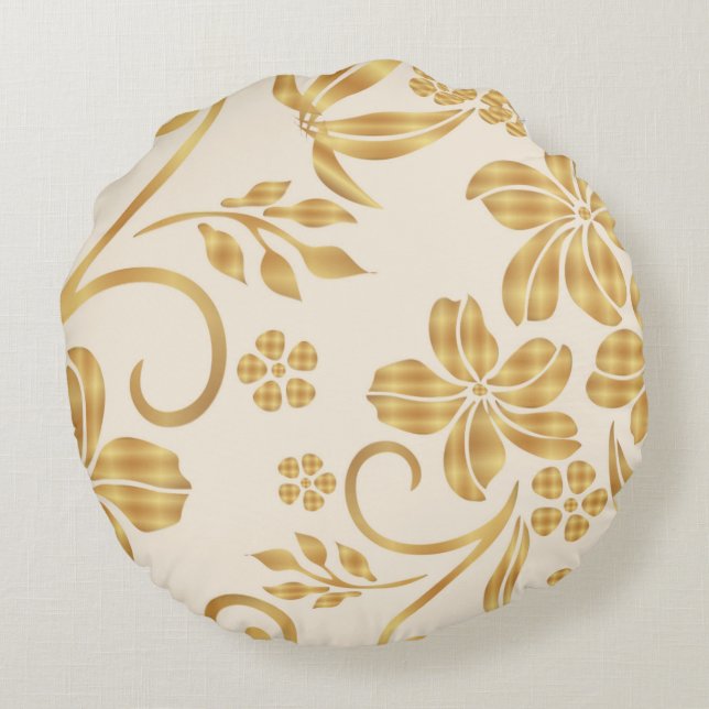 Golden Floral Printed Throw Rundes Kissen (Rückseite)