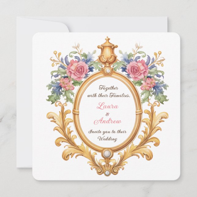 Golden Floral Rococo Wedding Elegant Regal Roses Einladung (Vorderseite)