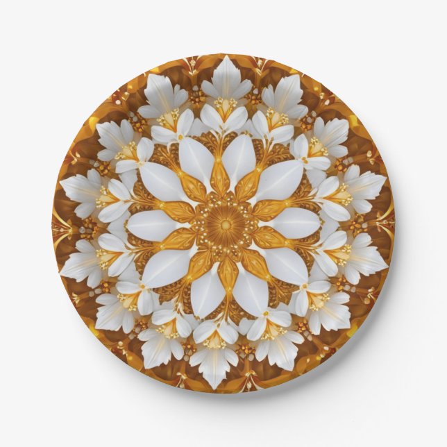 Golden Floral Snowflake Kaleidoskop Pappteller (Vorderseite)