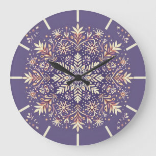 Golden Floral Snowflake Mandala Große Wanduhr