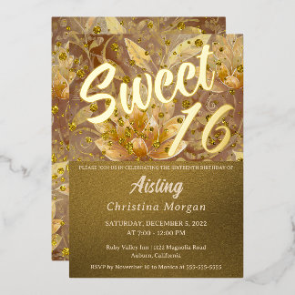 Golden Floral Sweet 16 Einladung Foil