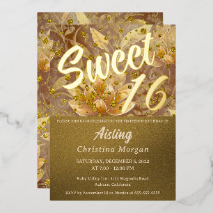 Golden Floral Sweet 16 Invitation Foil Invitation