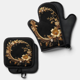 Golden floral verzierter Ofenhandschuh und Topflap & Topflappen-Set