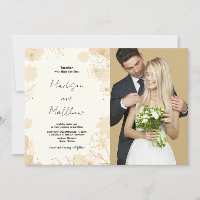 Golden Floral Wedding Einladungen mit Foto (Vorderseite)