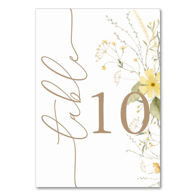 Golden Floral | Wildblume Table Card Double Digit Tischnummer (Vorderseite)