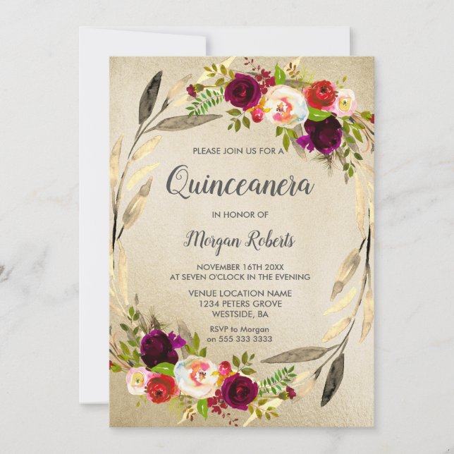 Golden Floral Wreath Quinceanera Invitation (Devant)