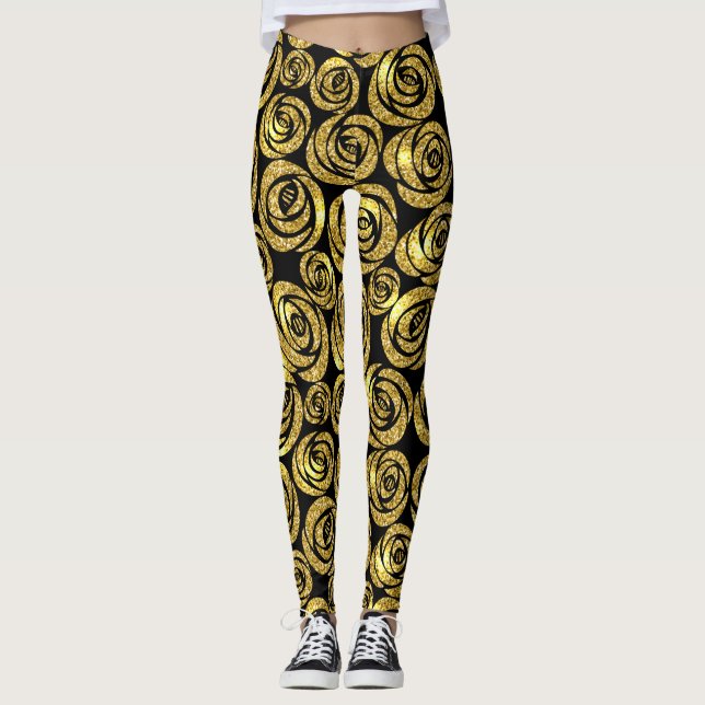 Golden Flowers on Black Background Leggings (Vorderseite)