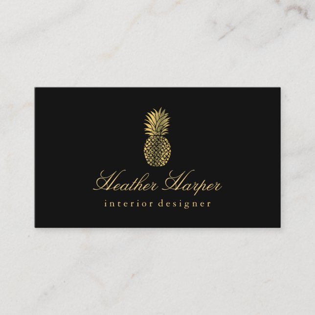 Golden Foil Ananas Script Business Card Schwarz Visitenkarte (Vorderseite)