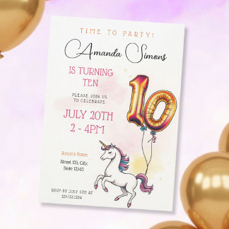 Golden Foil Balloon Unicorn Girl 10th Birthday Einladung
