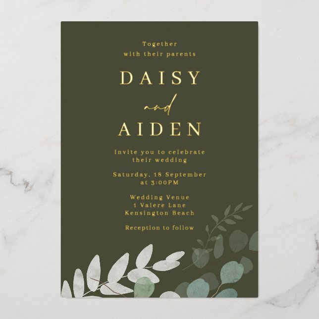 Golden Foil Green Leaf Hochzeit Folieneinladung (Vorderseite)