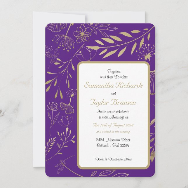 Golden Foil Leaf Blues Hochzeit Einladung (Vorderseite)