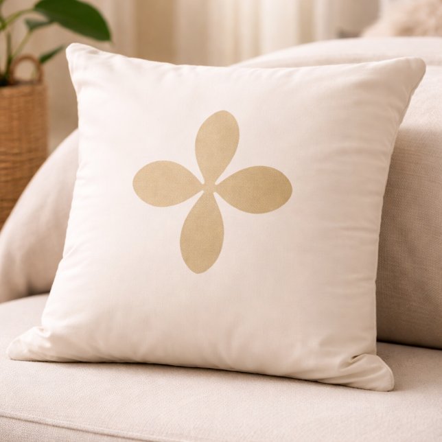 Golden Folk Bloom Throw Pillow Kissen (Muted gold floral icon centered on off-white for calm, nature inspired home layering.)