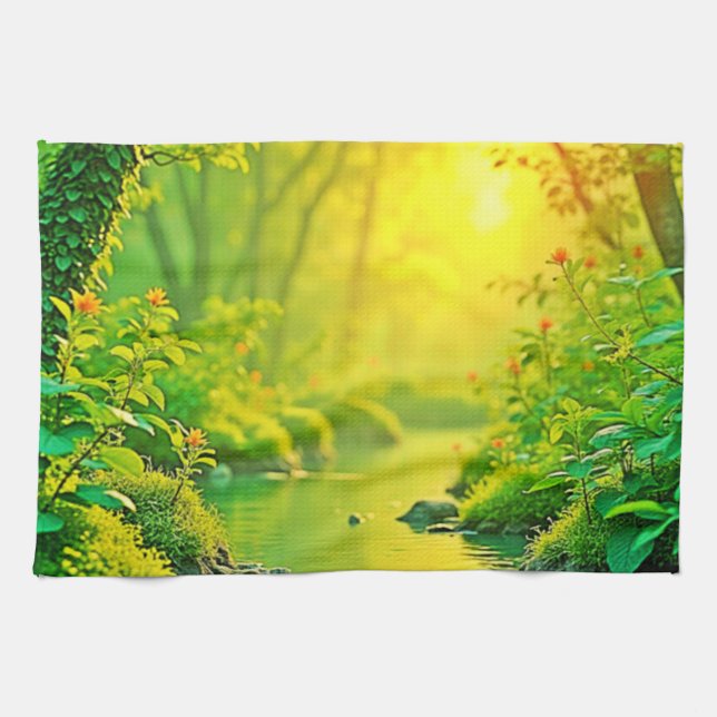 Golden Forest Stream Peaceful Art Geschirrtuch (Horizontal)