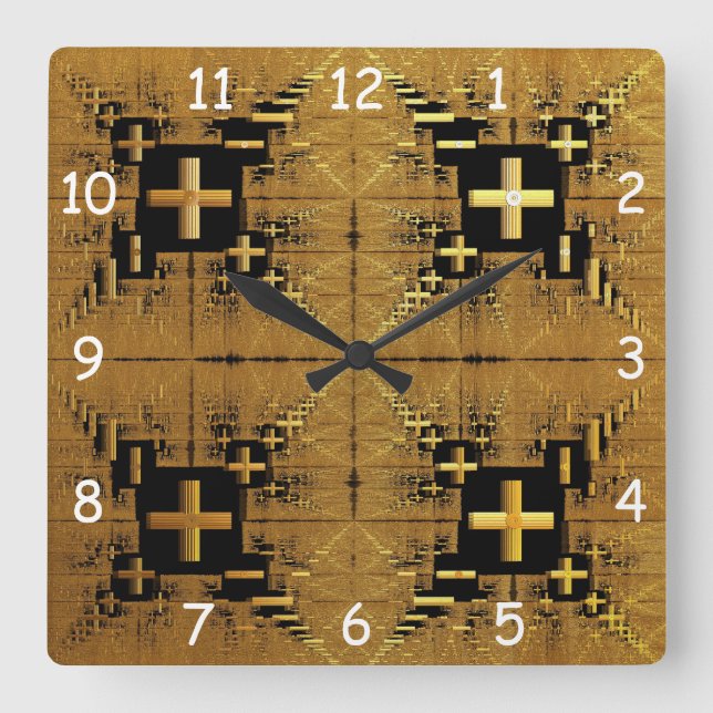 Golden Fraktal Crosses Quadratische Wanduhr (Vorderseite)