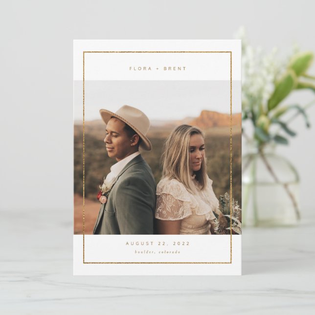 Golden Frame Foto Save the Date Hochzeitskarte (Stehend Vorderseite)