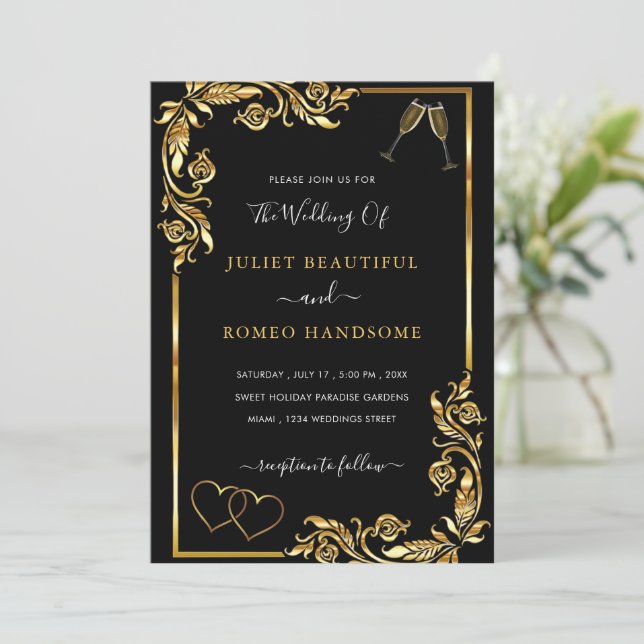 Golden Frame Herz Liebe Toast Hochzeit Einladung (Stehend Vorderseite)