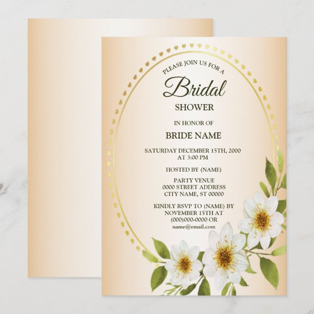 Golden Frame White Floral Peach Bridal Shower Einladung (Vorne/Hinten)