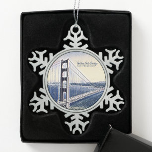 Golden Gate Bridge San Francisco Aquarell-Kunst Schneeflocken Zinn-Ornament