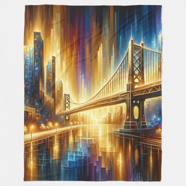 "Golden Gate Reflections: Night Cityscape" Fleecedecke (Vorderseite)
