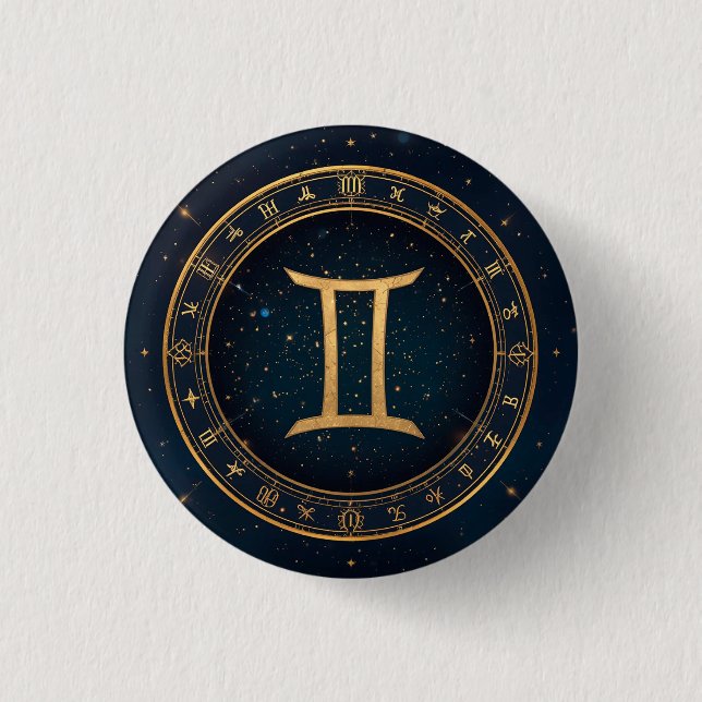 Golden Gemini Zodiac Circle With Starry Night Button (Vorderseite)