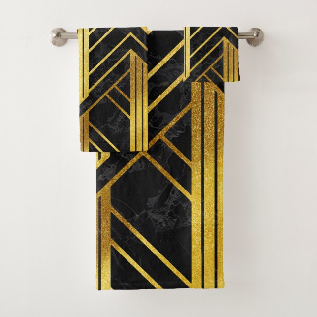 Golden Geometric Dimoned Art Deco on Black Marble Badhandtuch Set (Insitu)