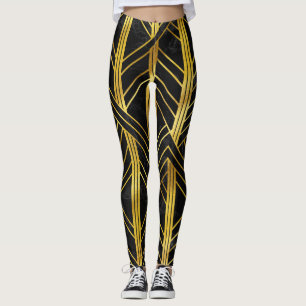 Golden Geometric Dimoned Art Deco on Black Marble Leggings