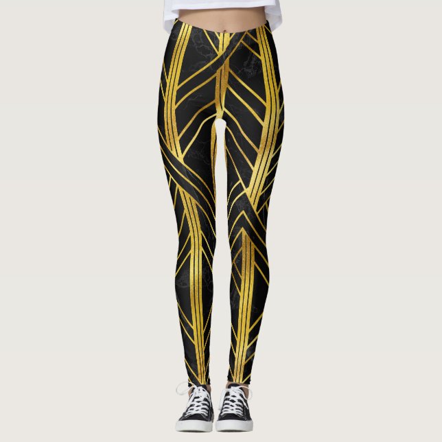 Golden Geometric Dimoned Art Deco on Black Marble Leggings (Vorderseite)
