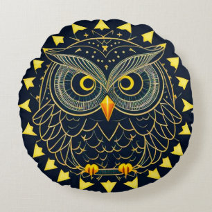 Golden Geometric Owl Illustration mit Abstraktem P Rundes Kissen