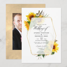 Golden Geometric Sunflowers Wedding Foto Einladung