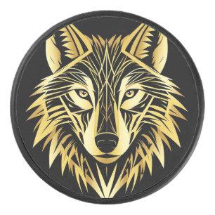 Golden Geometric Wolf Illustration Eishockey Puck