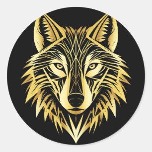Golden Geometric Wolf Illustration Runder Aufkleber