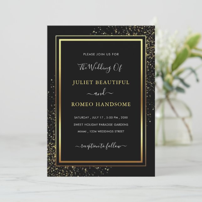 Golden Gerahmt Black Gold Moderne Hochzeit Einladu (Stehend Vorderseite)