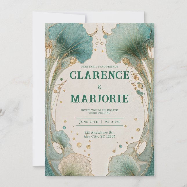 Golden Ginkgo Faire-part de mariage Art Nouveau (Devant)