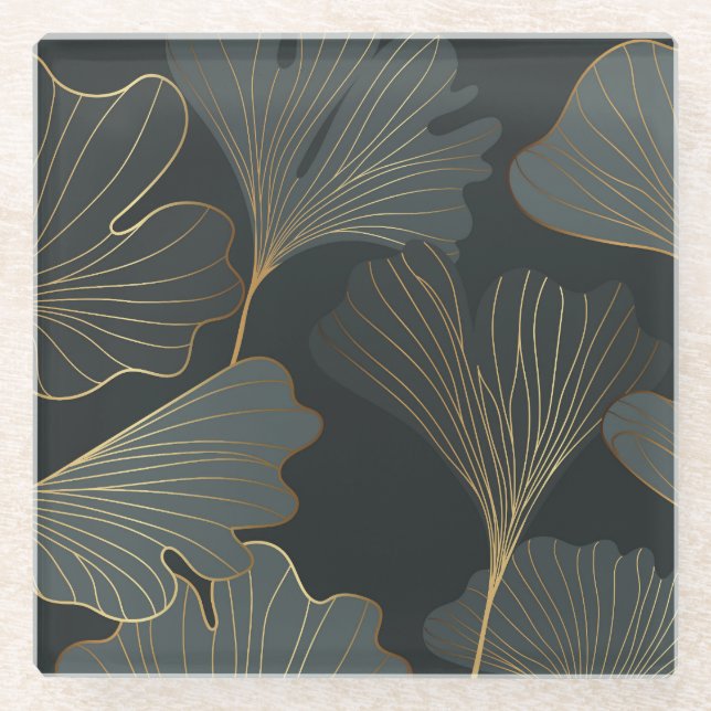 Golden Ginkgo: Luxuriöser floraler Deko. Glasuntersetzer (Vorderseite)